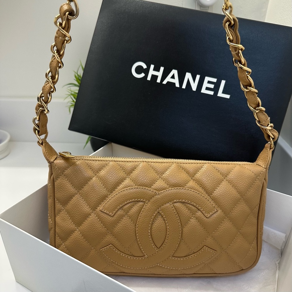 Chanel Classic Quilted Timeless Pochette in Beige Caviar Leather Beige Gold